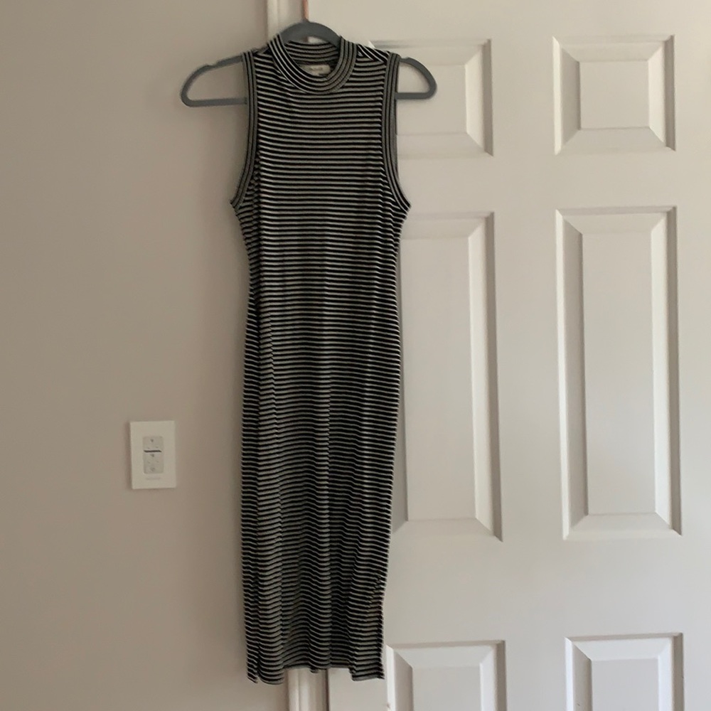 Fitted mock neck black/ white striped midi dress